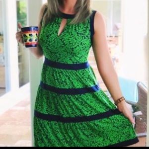 Michael Kors Green Leaf Print Dress Navy Trim